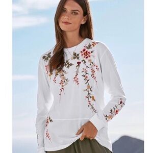 Johnny Was Acacia Floral Embroidered Seamed Relaxed Long Sleeve Tee Top S Boho